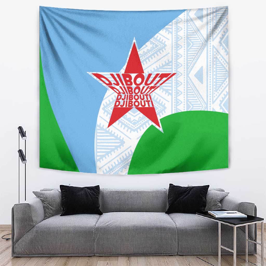 Djibouti Tapestry Flag Tribal Motifs and Red Star Symbol of Unity