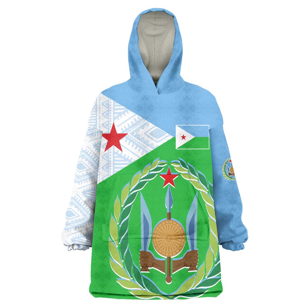 Djibouti Wearable Blanket Hoodie Flag Tribal Motifs and Red Star Symbol of Unity