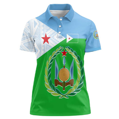 Djibouti Women Polo Shirt Flag Tribal Motifs and Red Star Symbol of Unity