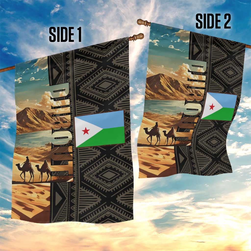 Djibouti Desert Garden Flag Camel Riders and African Pattern