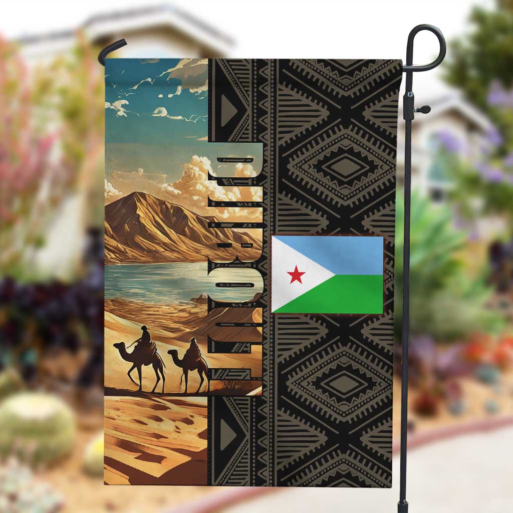 Djibouti Desert Garden Flag Camel Riders and African Pattern