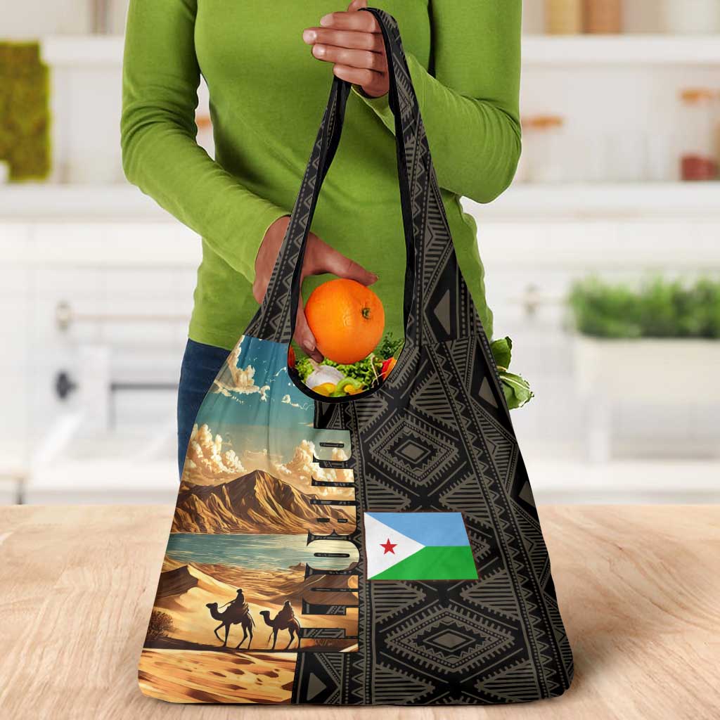Djibouti Desert Grocery Bag Camel Riders and African Pattern