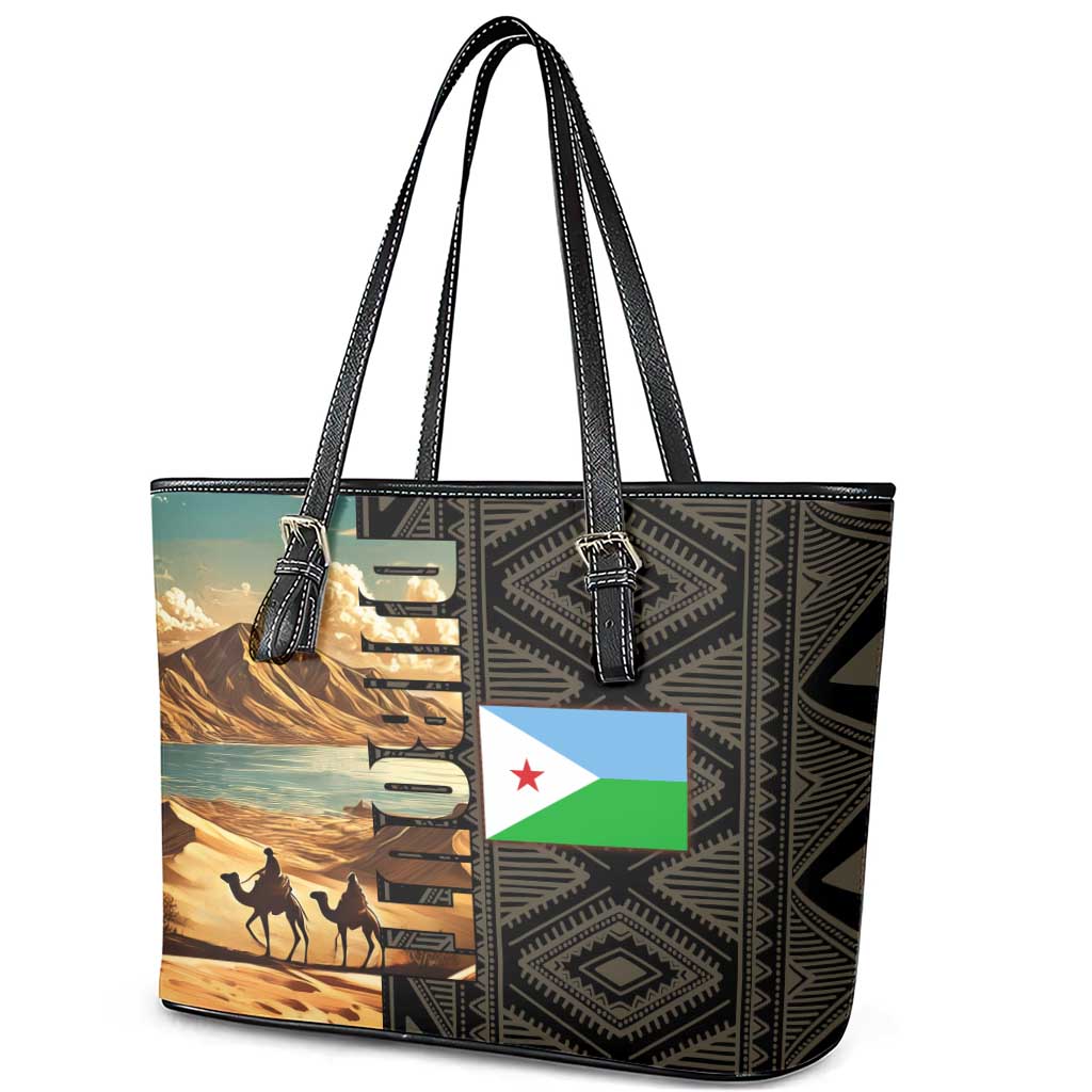 Djibouti Desert Leather Tote Bag Camel Riders and African Pattern