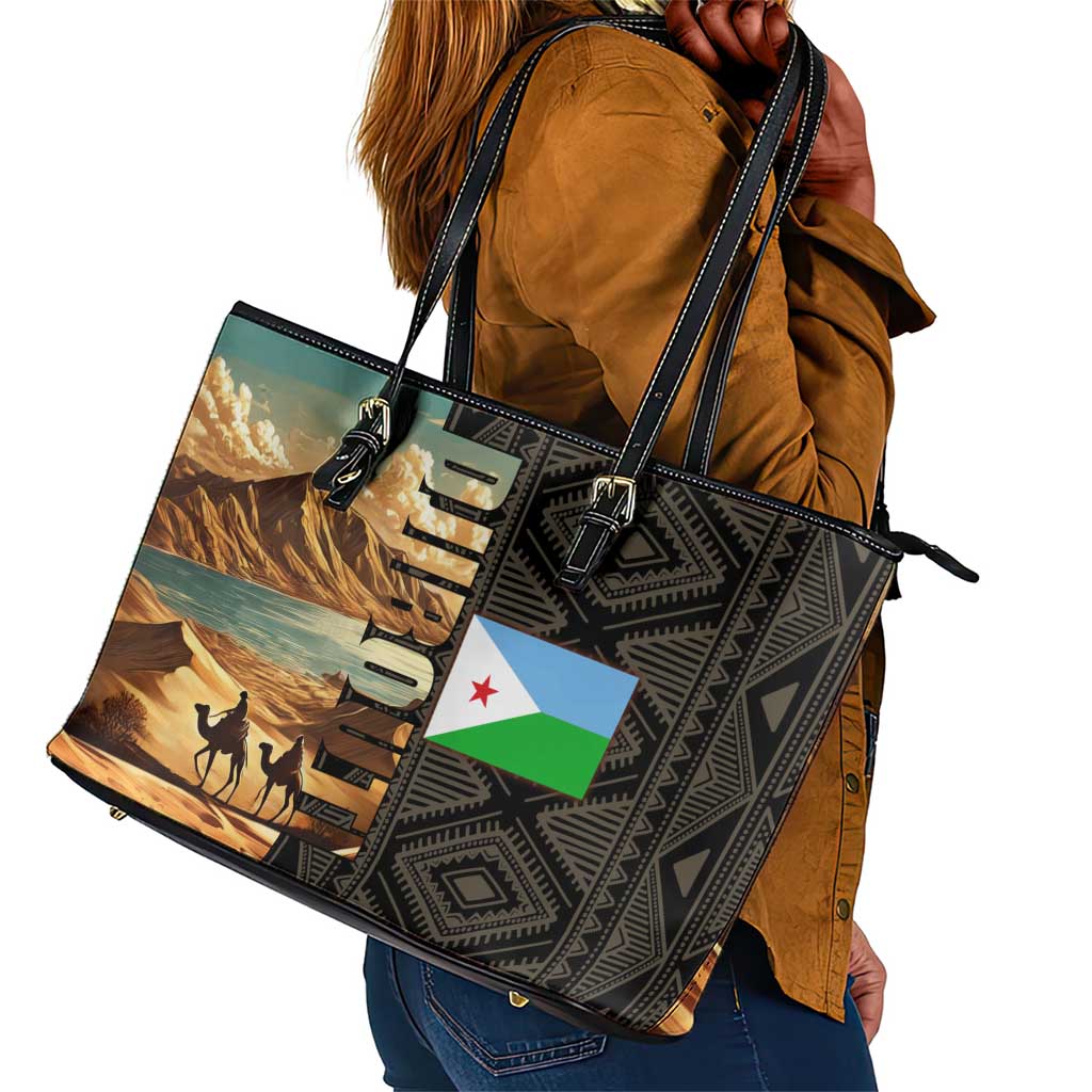 Djibouti Desert Leather Tote Bag Camel Riders and African Pattern