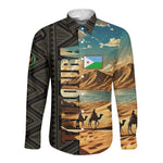 Djibouti Desert Long Sleeve Button Shirt Camel Riders and African Pattern