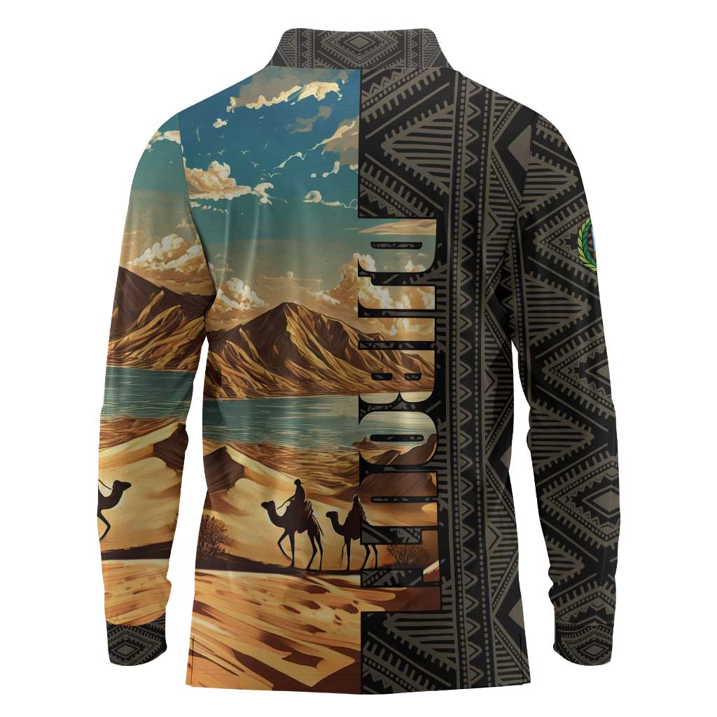 Djibouti Desert Long Sleeve Polo Shirt Camel Riders and African Pattern
