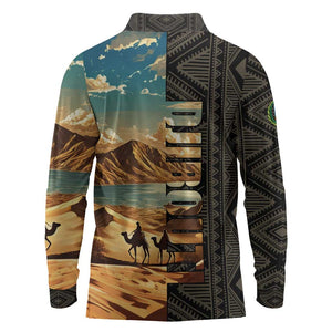 Djibouti Desert Long Sleeve Polo Shirt Camel Riders and African Pattern