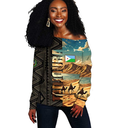 Djibouti Desert Off Shoulder Sweater Camel Riders and African Pattern