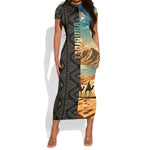 Djibouti Desert Short Sleeve Bodycon Dress Camel Riders and African Pattern TS04