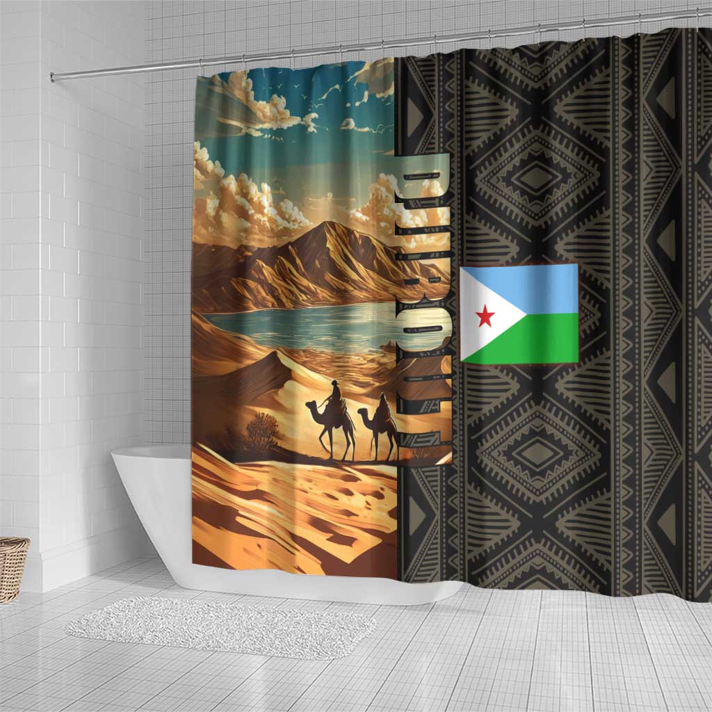 Djibouti Desert Shower Curtain Camel Riders and African Pattern