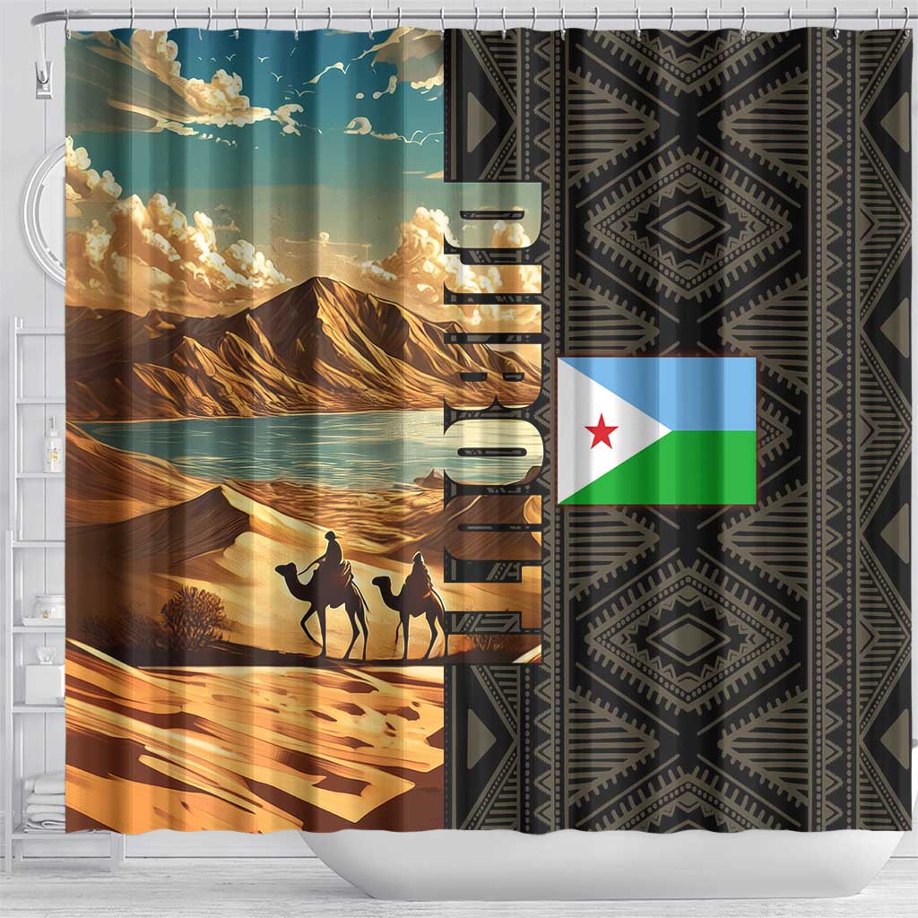 Djibouti Desert Shower Curtain Camel Riders and African Pattern