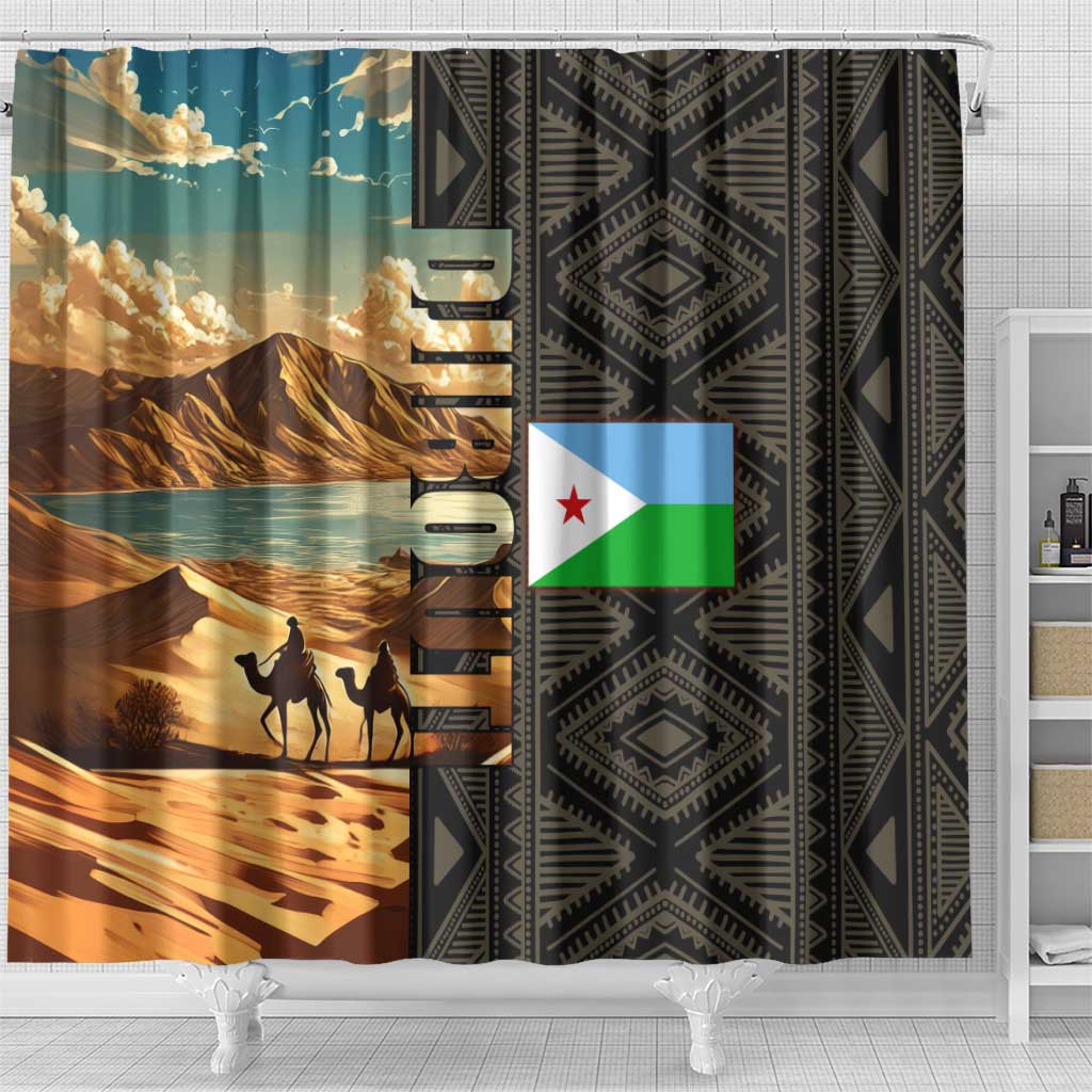 Djibouti Desert Shower Curtain Camel Riders and African Pattern
