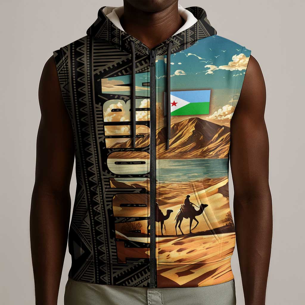 Djibouti Desert Sleeveless Zip Hoodie Camel Riders and African Pattern - African Pride