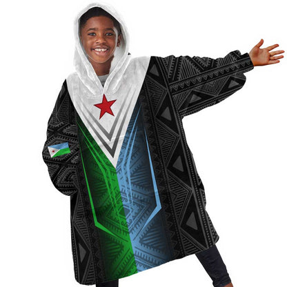 Djibouti Africa Kid Wearable Blanket Hoodie Tribal Geometry Meets National Colors and Red Star Boldness