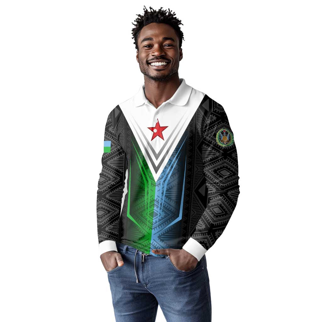 Djibouti Africa Long Sleeve Polo Shirt Tribal Geometry Meets National Colors and Red Star Boldness