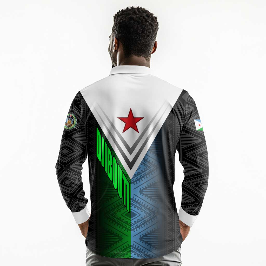 Djibouti Africa Long Sleeve Polo Shirt Tribal Geometry Meets National Colors and Red Star Boldness