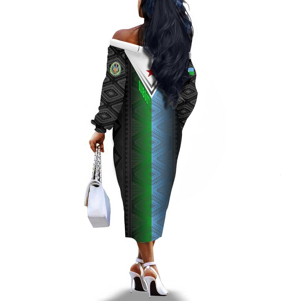 Djibouti Africa Off The Shoulder Long Sleeve Dress Tribal Geometry Meets National Colors and Red Star Boldness