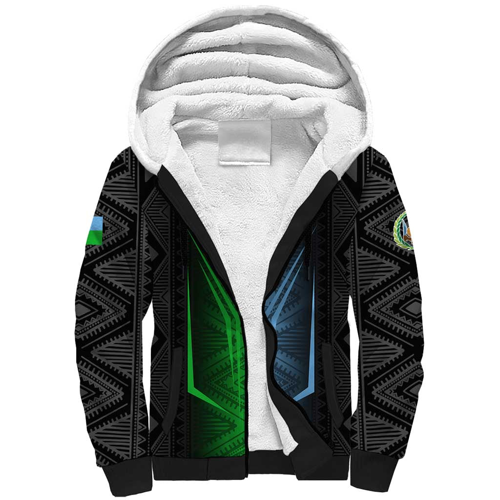 Djibouti Africa Sherpa Hoodie Tribal Geometry Meets National Colors and Red Star Boldness