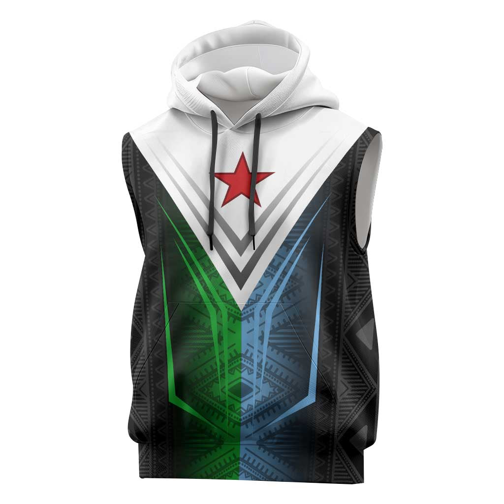 Djibouti Africa Sleeveless Hoodie Tribal Geometry Meets National Colors and Red Star Boldness - African Pride