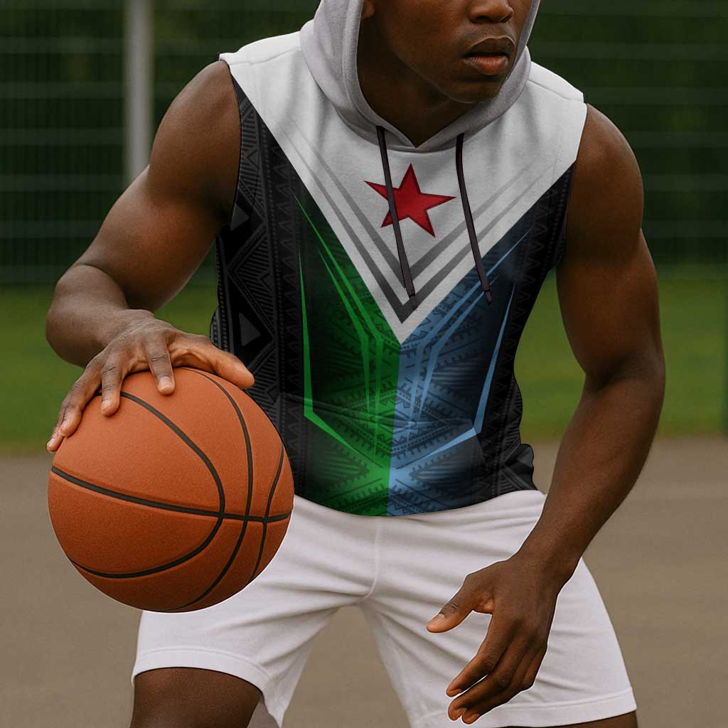 Djibouti Africa Sleeveless Hoodie Tribal Geometry Meets National Colors and Red Star Boldness - African Pride