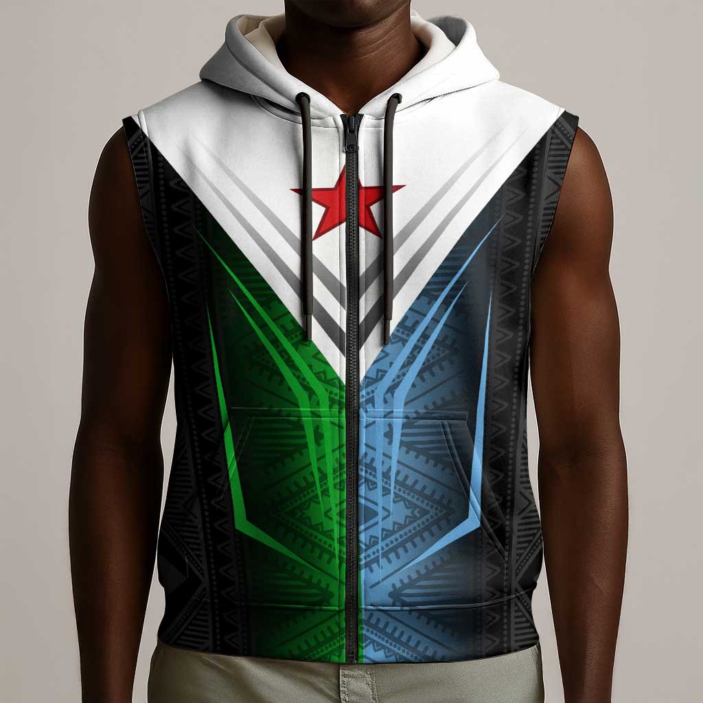 Djibouti Africa Sleeveless Zip Hoodie Tribal Geometry Meets National Colors and Red Star Boldness - African Pride