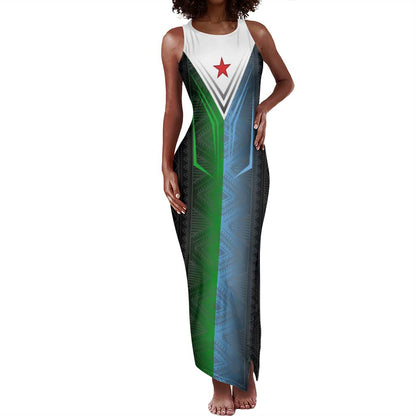 Djibouti Africa Tank Maxi Dress Tribal Geometry Meets National Colors and Red Star Boldness