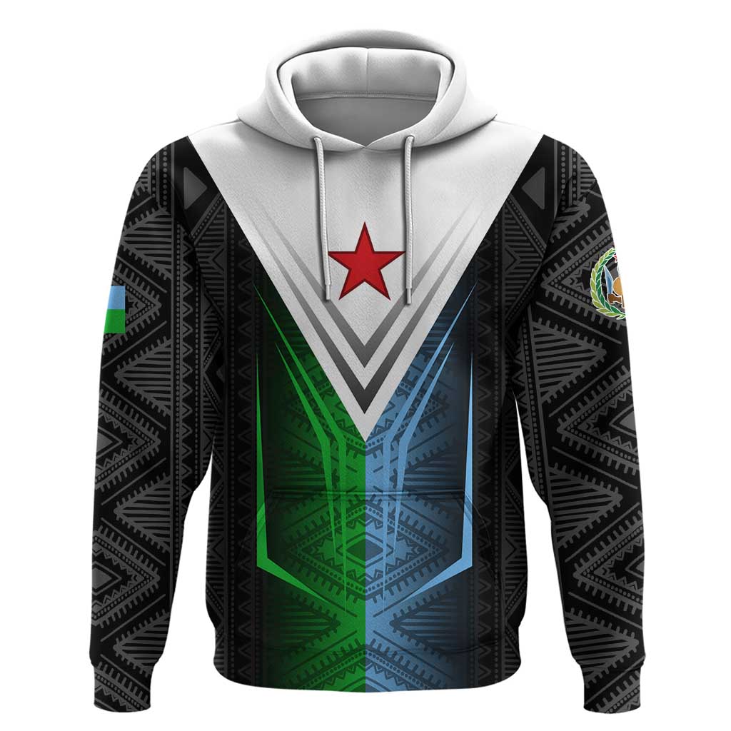 Djibouti Africa Zip Hoodie Tribal Geometry Meets National Colors and Red Star Boldness