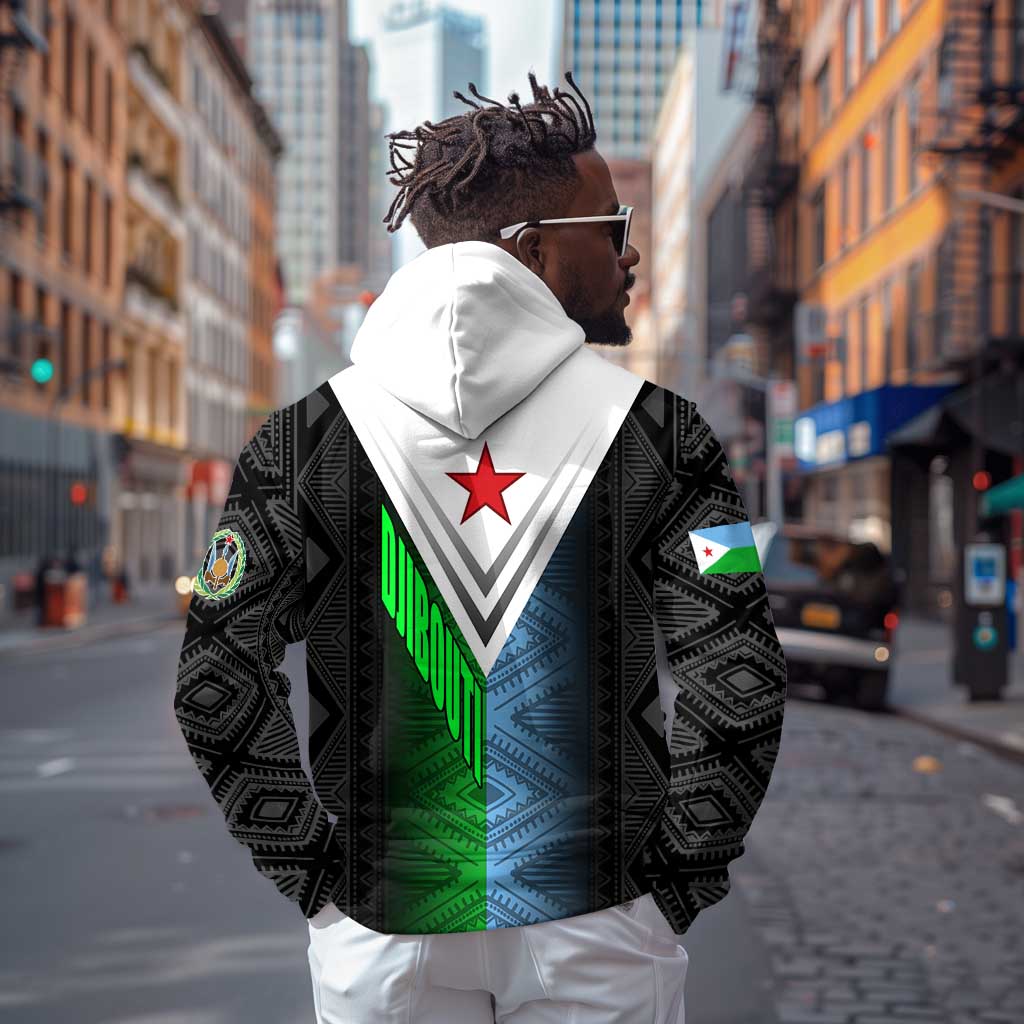 Djibouti Africa Zip Hoodie Tribal Geometry Meets National Colors and Red Star Boldness