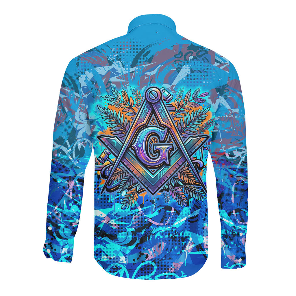 Prince Hall Freemasonry Long Sleeve Button Shirt Compasses Masonic Art - Urban Graffiti Style
