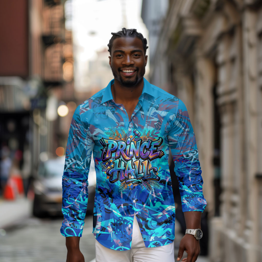 Prince Hall Freemasonry Long Sleeve Button Shirt Compasses Masonic Art - Urban Graffiti Style