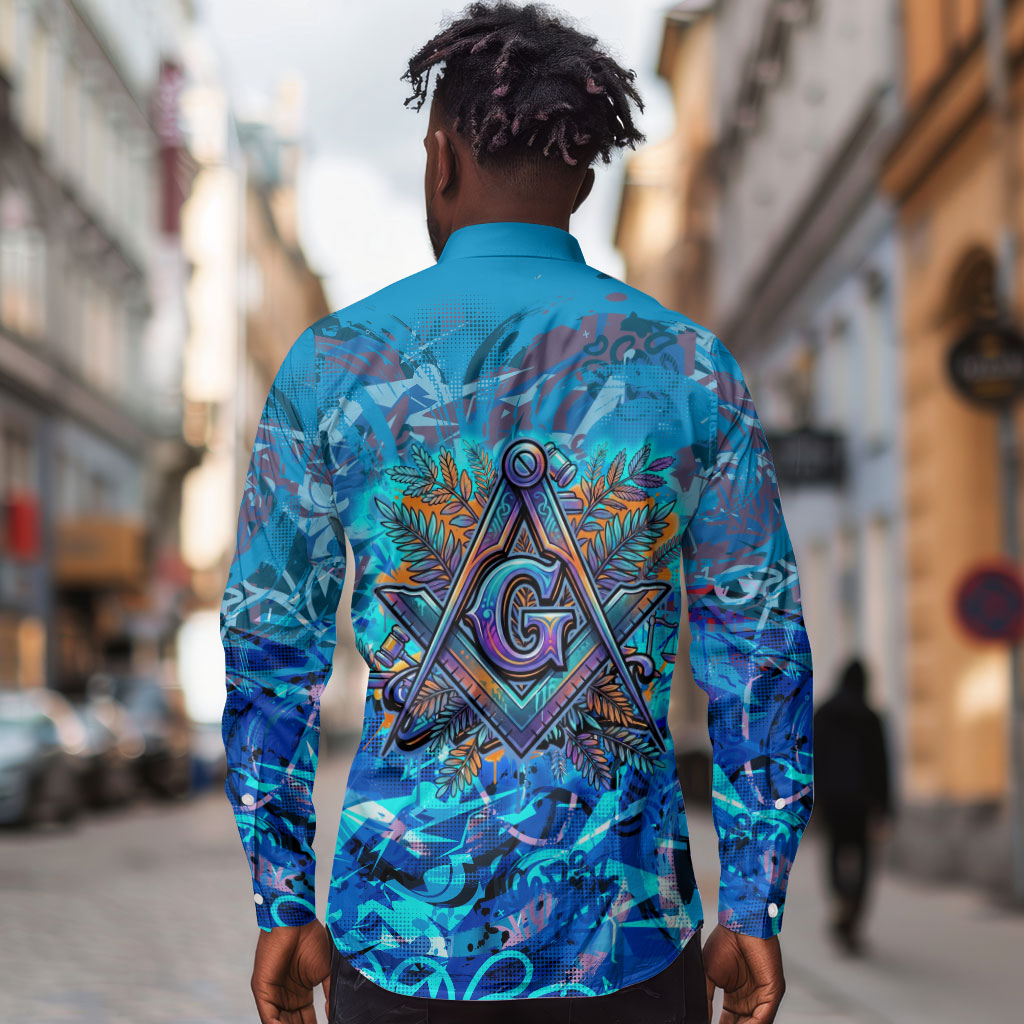 Prince Hall Freemasonry Long Sleeve Button Shirt Compasses Masonic Art - Urban Graffiti Style