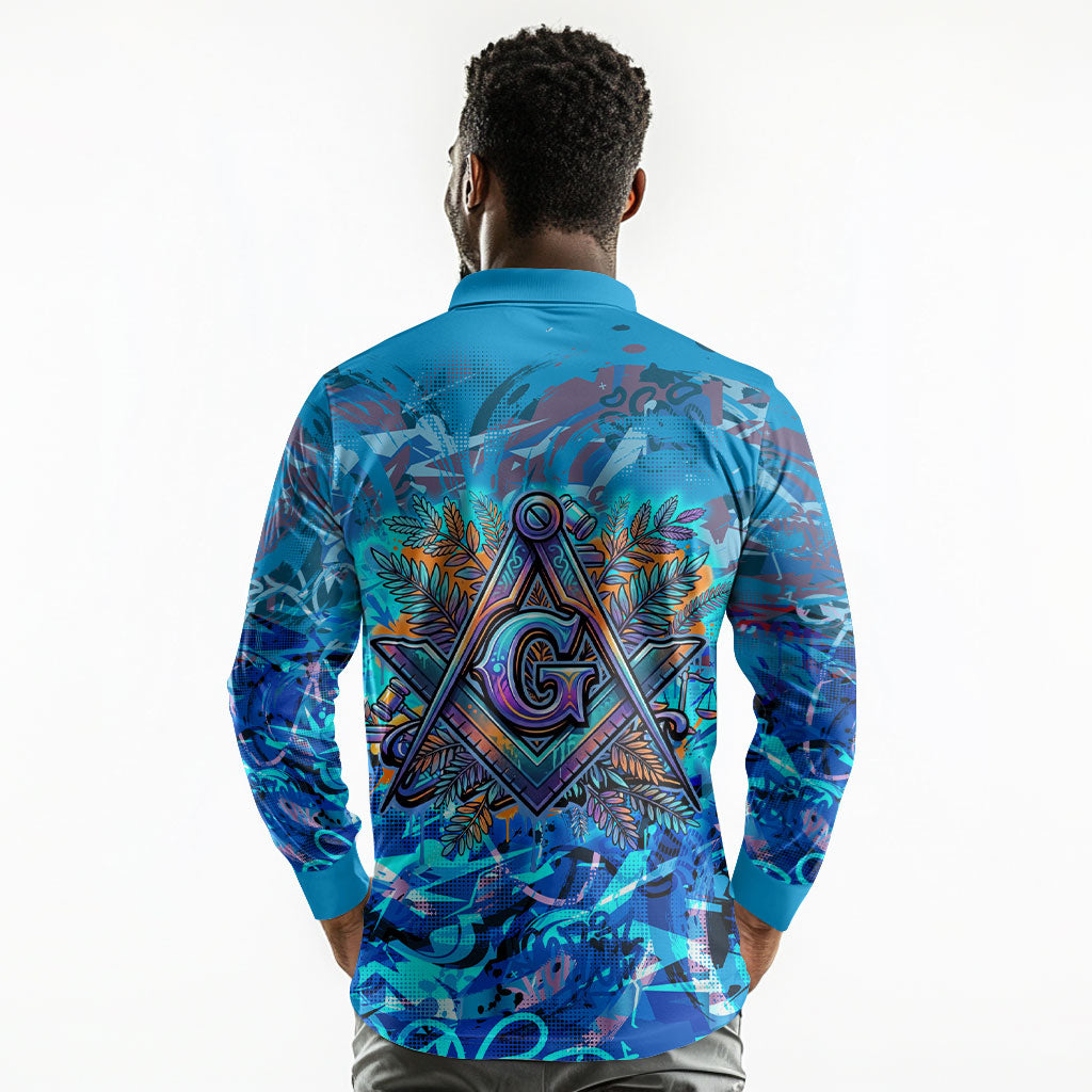 Prince Hall Freemasonry Long Sleeve Polo Shirt Compasses Masonic Art - Urban Graffiti Style
