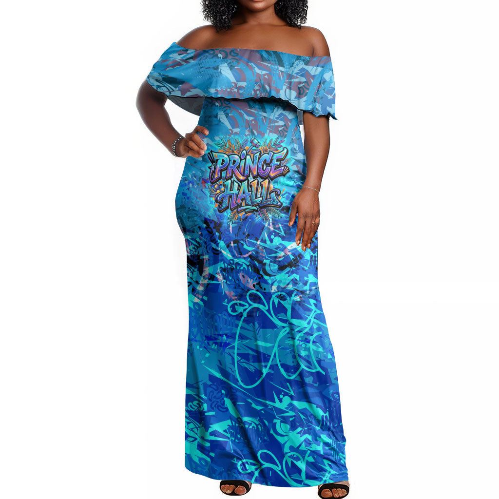 Prince Hall Freemasonry Off Shoulder Maxi Dress Compasses Masonic Art - Urban Graffiti Style