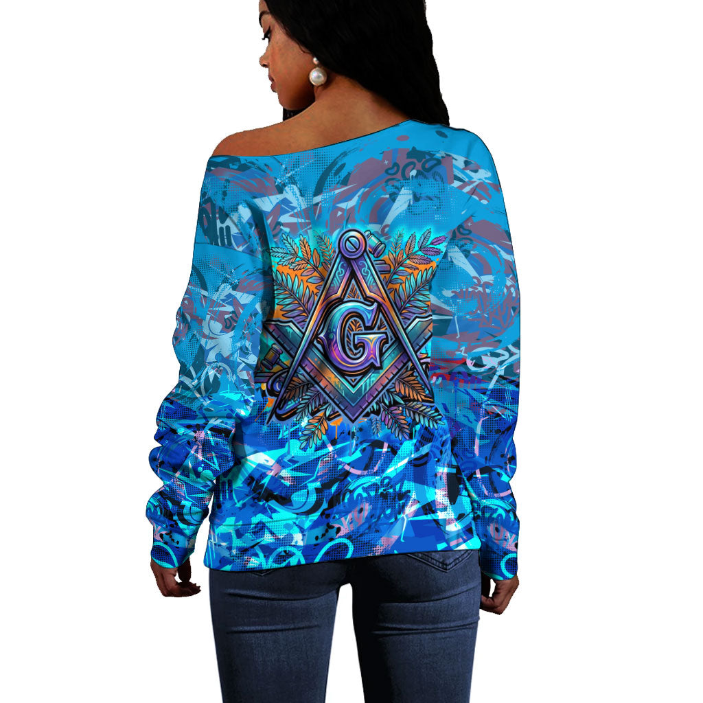 Prince Hall Freemasonry Off Shoulder Sweater Compasses Masonic Art - Urban Graffiti Style
