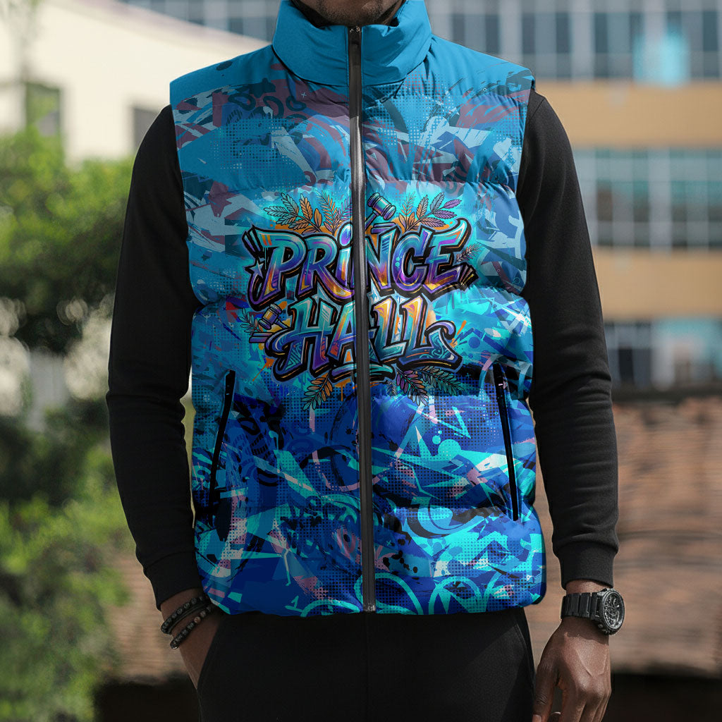 Prince Hall Freemasonry Sleeveless Puffer Jacket Compasses Masonic Art - Urban Graffiti Style