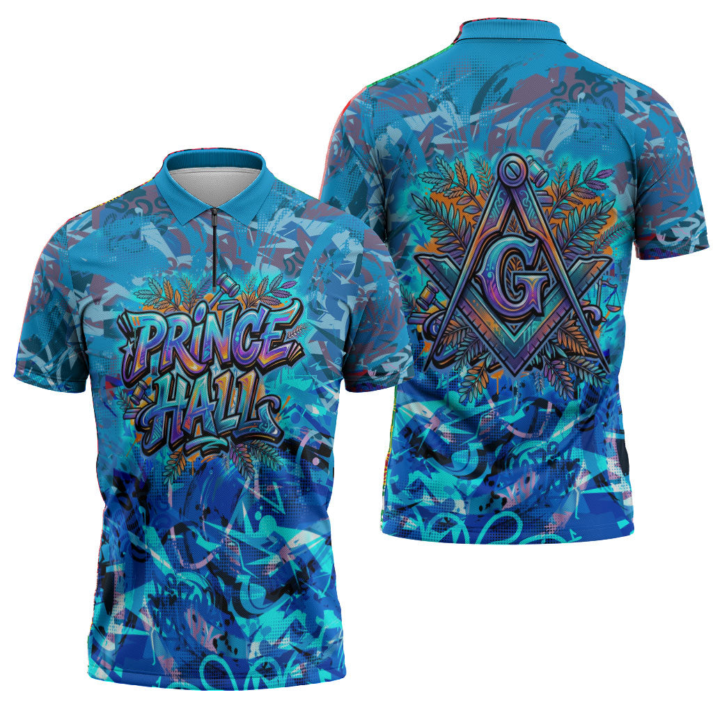 Prince Hall Freemasonry Zipper Polo Shirt Compasses Masonic Art - Urban Graffiti Style