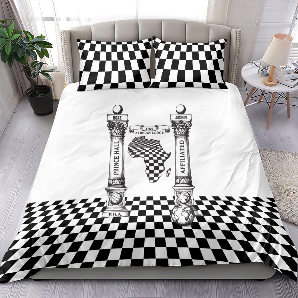 Prince Hall Affiliated Freemasonry Bedding Set Classic Masonic Pillars Boaz Jachin Checkerboard Africa Map