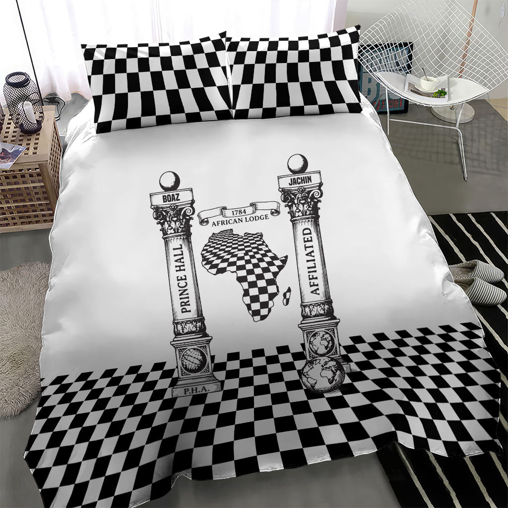 Prince Hall Affiliated Freemasonry Bedding Set Classic Masonic Pillars Boaz Jachin Checkerboard Africa Map