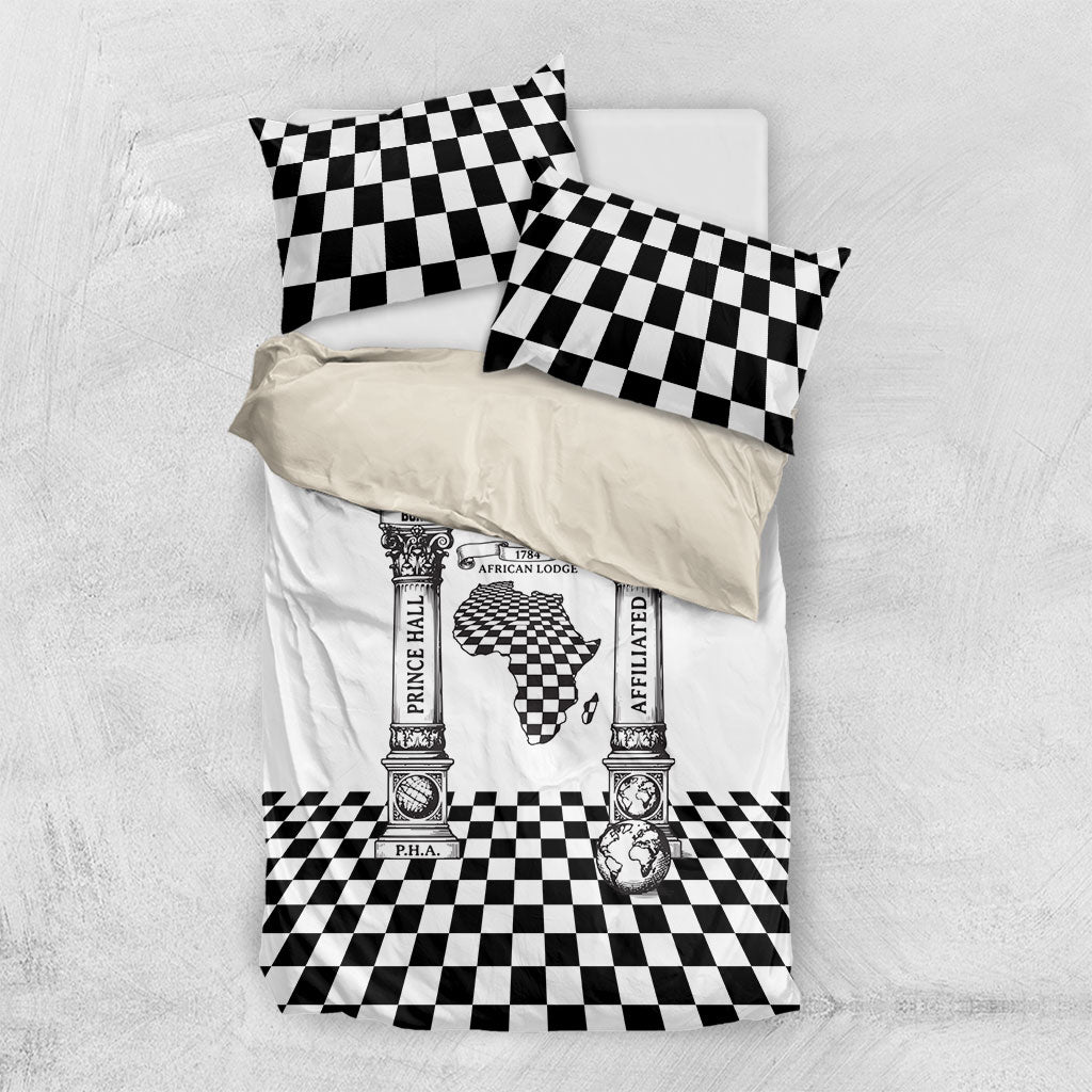 Prince Hall Affiliated Freemasonry Bedding Set Classic Masonic Pillars Boaz Jachin Checkerboard Africa Map