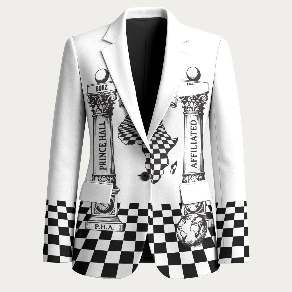 Prince Hall Affiliated Freemasonry Blazer Classic Masonic Pillars Boaz Jachin Checkerboard Africa Map