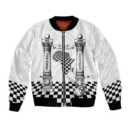Prince Hall Affiliated Freemasonry Bomber Jacket Classic Masonic Pillars Boaz Jachin Checkerboard Africa Map