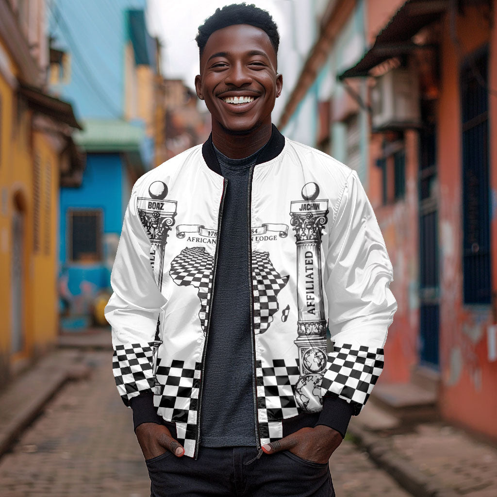 Prince Hall Affiliated Freemasonry Bomber Jacket Classic Masonic Pillars Boaz Jachin Checkerboard Africa Map