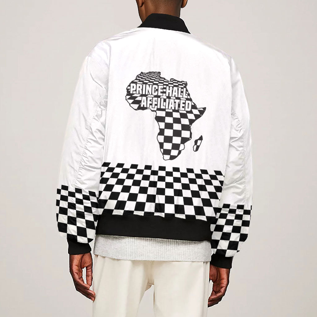 Prince Hall Affiliated Freemasonry Bomber Jacket Classic Masonic Pillars Boaz Jachin Checkerboard Africa Map