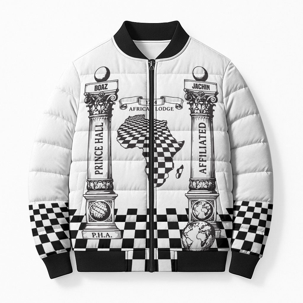 Prince Hall Affiliated Freemasonry Bomber Puffer Jacket Classic Masonic Pillars Boaz Jachin Checkerboard Africa Map