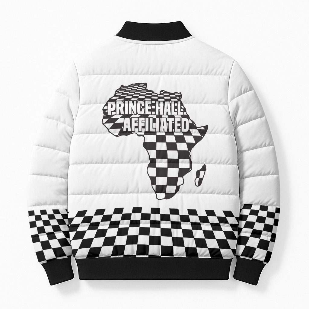 Prince Hall Affiliated Freemasonry Bomber Puffer Jacket Classic Masonic Pillars Boaz Jachin Checkerboard Africa Map