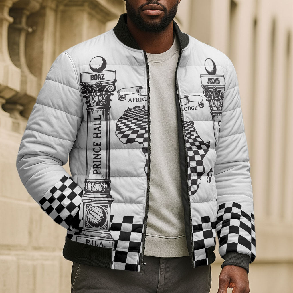 Prince Hall Affiliated Freemasonry Bomber Puffer Jacket Classic Masonic Pillars Boaz Jachin Checkerboard Africa Map