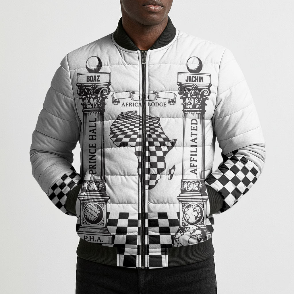 Prince Hall Affiliated Freemasonry Bomber Puffer Jacket Classic Masonic Pillars Boaz Jachin Checkerboard Africa Map