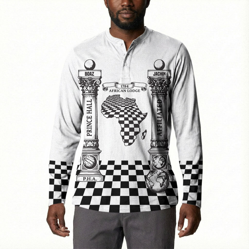 Prince Hall Affiliated Freemasonry Button Sweatshirt Classic Masonic Pillars Boaz Jachin Checkerboard Africa Map
