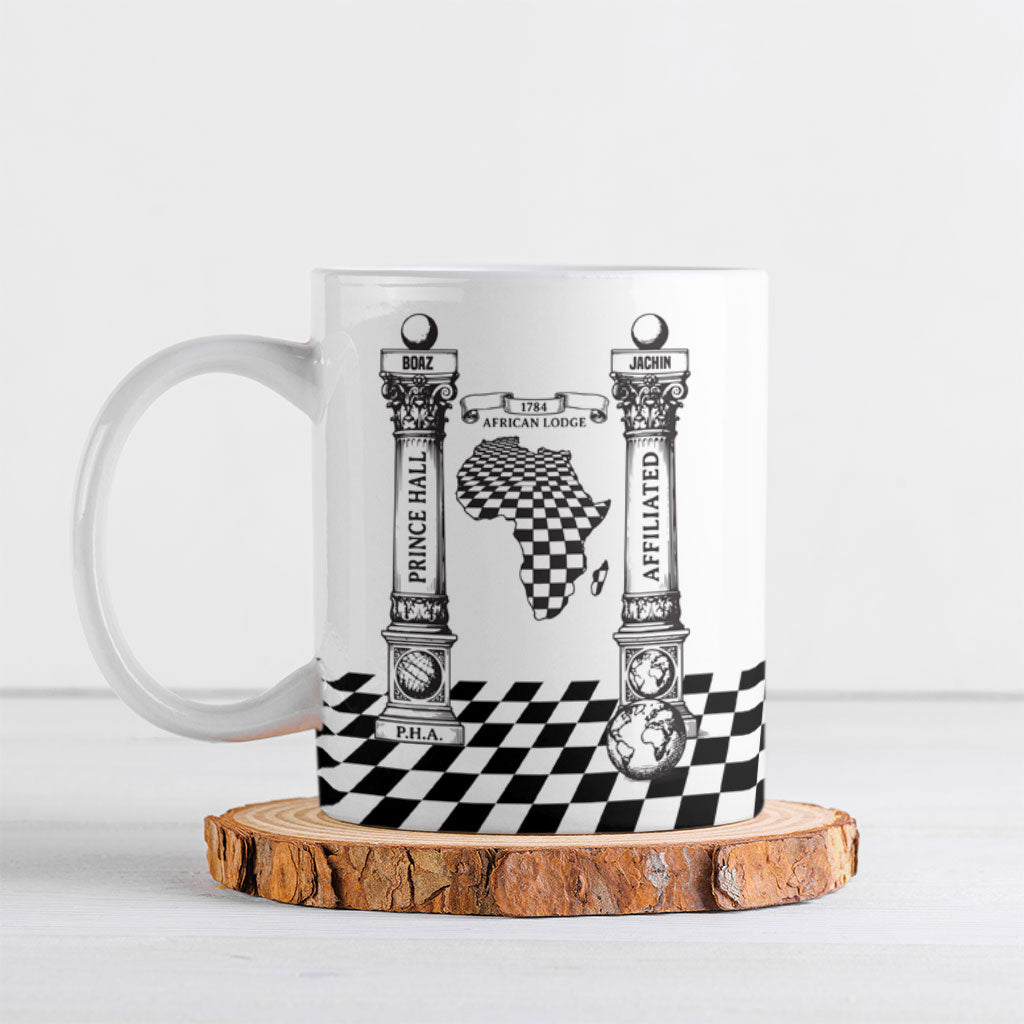 Prince Hall Affiliated Freemasonry Ceramic Mug Classic Masonic Pillars Boaz Jachin Checkerboard Africa Map