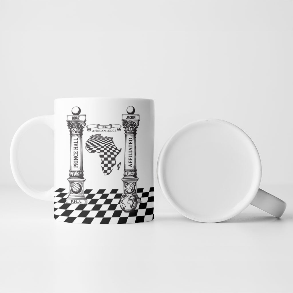 Prince Hall Affiliated Freemasonry Ceramic Mug Classic Masonic Pillars Boaz Jachin Checkerboard Africa Map